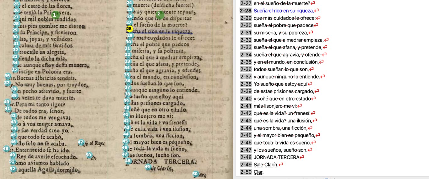 Ejemplo de transcripción automática aplicada a un texto teatral del Siglo de Oro.